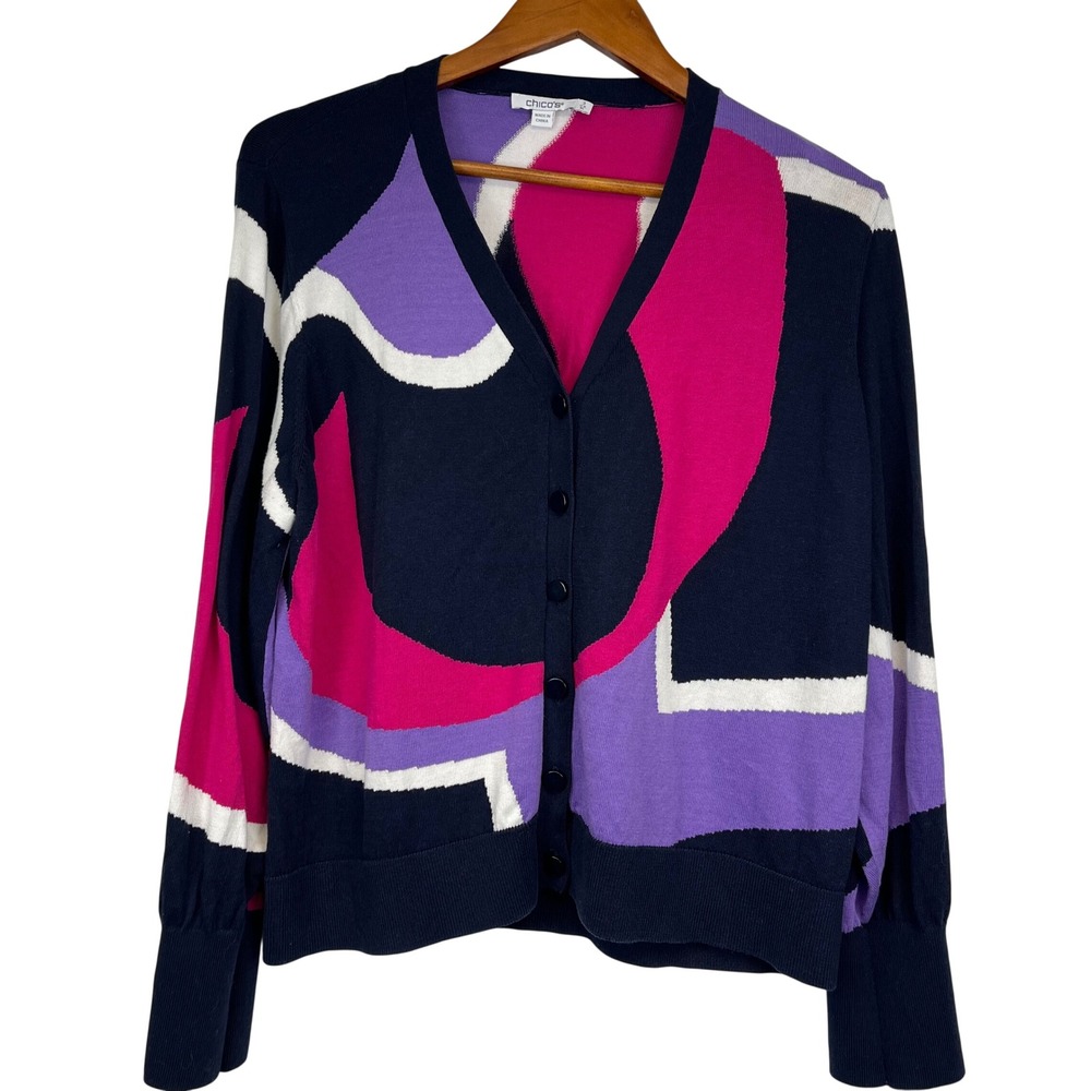 Chicos Abstract Geometric Knit Button Up Cardi Sweater Size XL Colorful Artsy